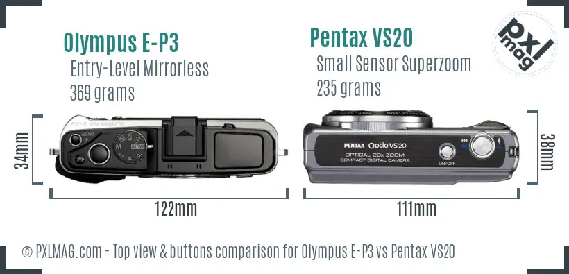 Olympus E-P3 vs Pentax VS20 top view buttons comparison