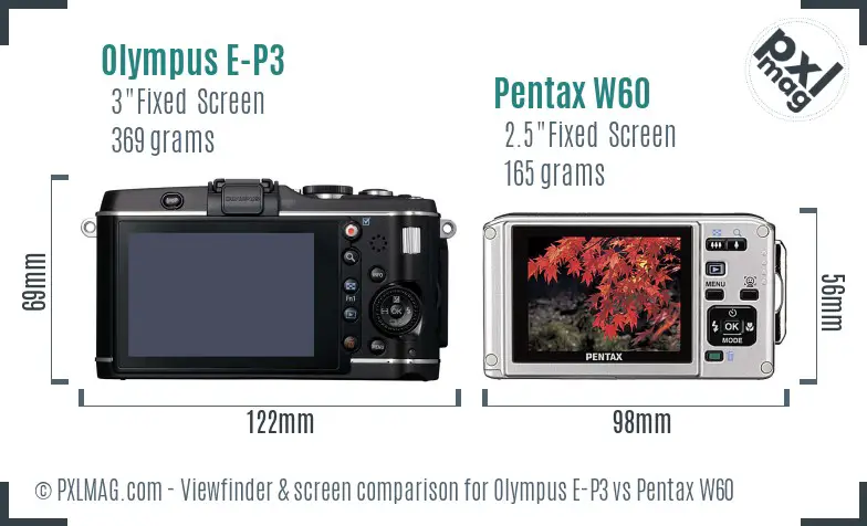 Olympus E-P3 vs Pentax W60 Screen and Viewfinder comparison