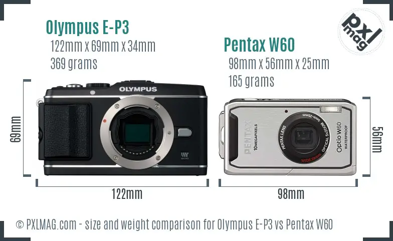 Olympus E-P3 vs Pentax W60 size comparison