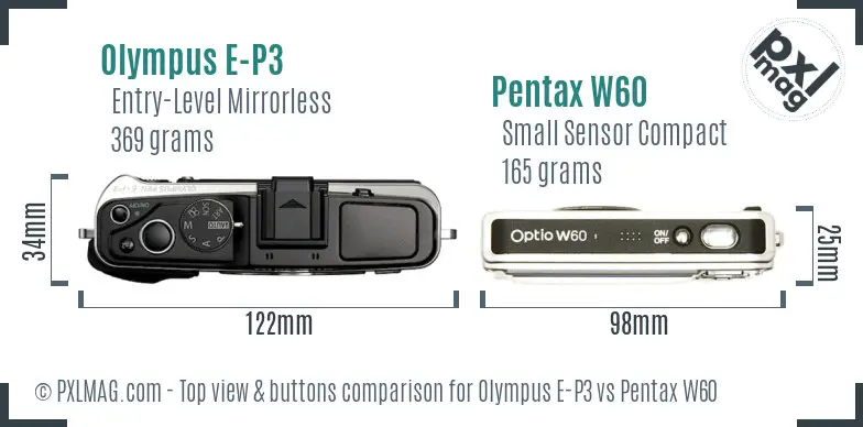 Olympus E-P3 vs Pentax W60 top view buttons comparison