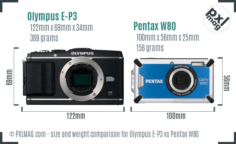 Olympus E-P3 vs Pentax W80 size comparison