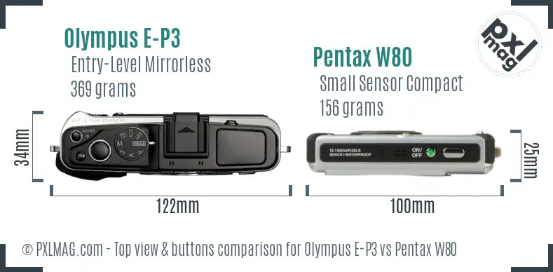 Olympus E-P3 vs Pentax W80 top view buttons comparison