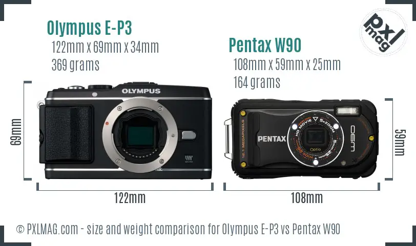 Olympus E-P3 vs Pentax W90 size comparison