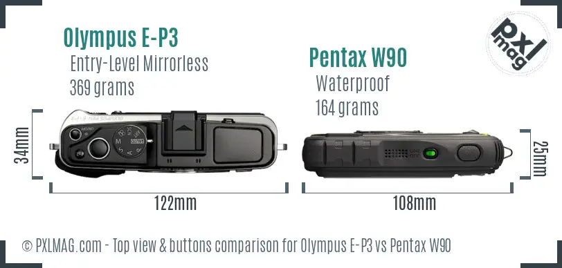 Olympus E-P3 vs Pentax W90 top view buttons comparison