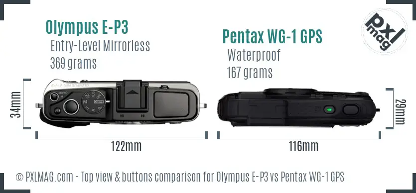 Olympus E-P3 vs Pentax WG-1 GPS top view buttons comparison