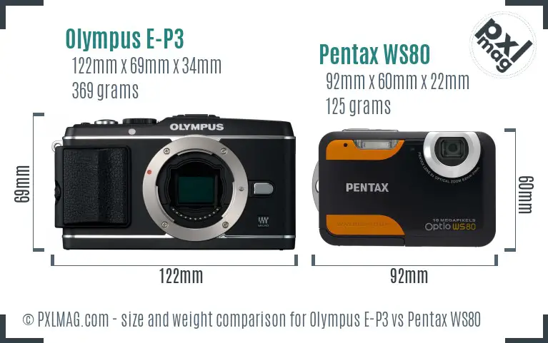 Olympus E-P3 vs Pentax WS80 size comparison