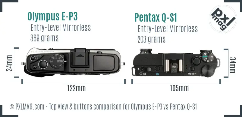 Olympus E-P3 vs Pentax Q-S1 top view buttons comparison