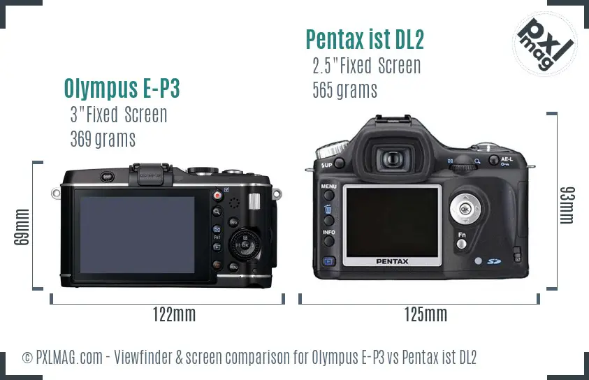 Olympus E-P3 vs Pentax ist DL2 Screen and Viewfinder comparison