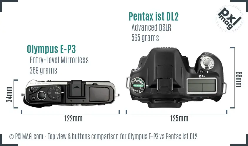 Olympus E-P3 vs Pentax ist DL2 top view buttons comparison