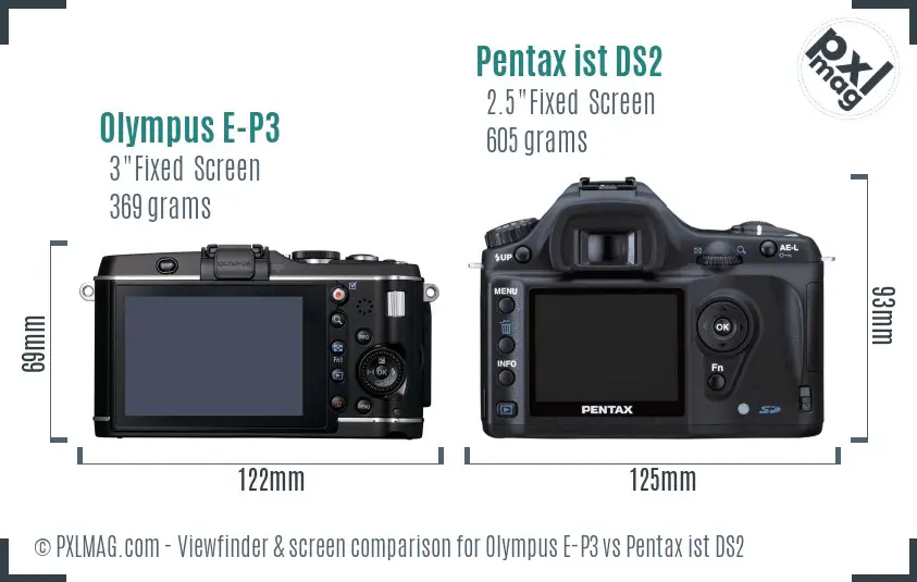 Olympus E-P3 vs Pentax ist DS2 Screen and Viewfinder comparison