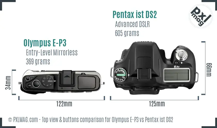 Olympus E-P3 vs Pentax ist DS2 top view buttons comparison