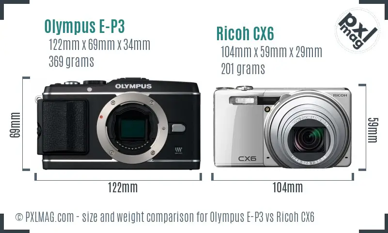 Olympus E-P3 vs Ricoh CX6 size comparison