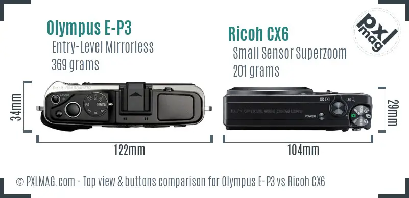 Olympus E-P3 vs Ricoh CX6 top view buttons comparison