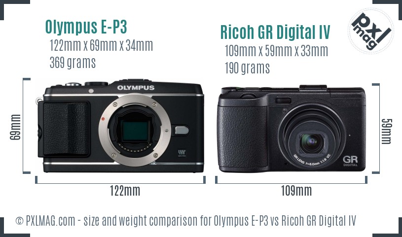 Olympus E-P3 vs Ricoh GR Digital IV size comparison