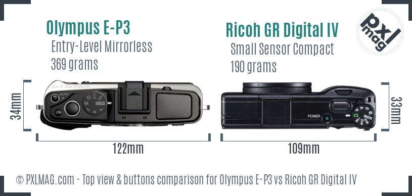 Olympus E-P3 vs Ricoh GR Digital IV top view buttons comparison
