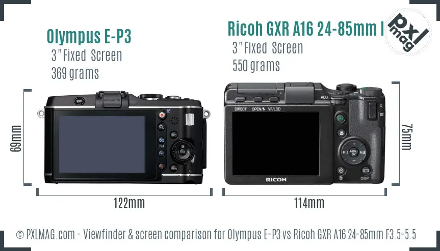 Olympus E-P3 vs Ricoh GXR A16 24-85mm F3.5-5.5 Screen and Viewfinder comparison