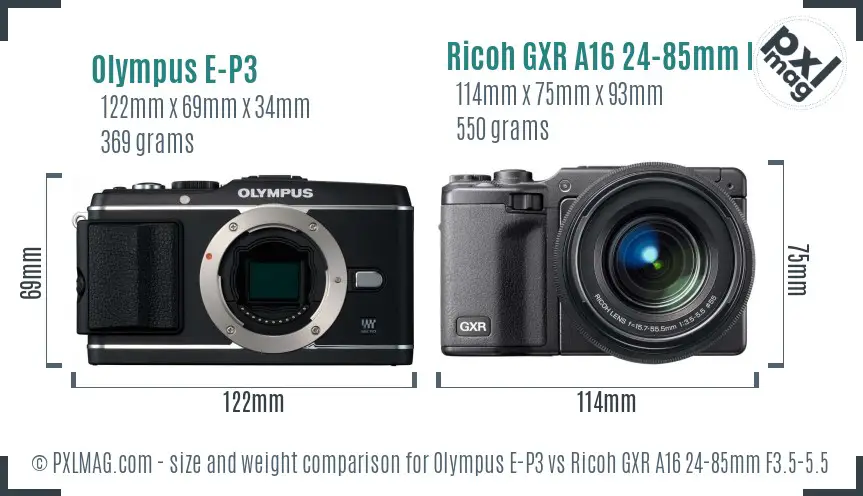 Olympus E-P3 vs Ricoh GXR A16 24-85mm F3.5-5.5 size comparison