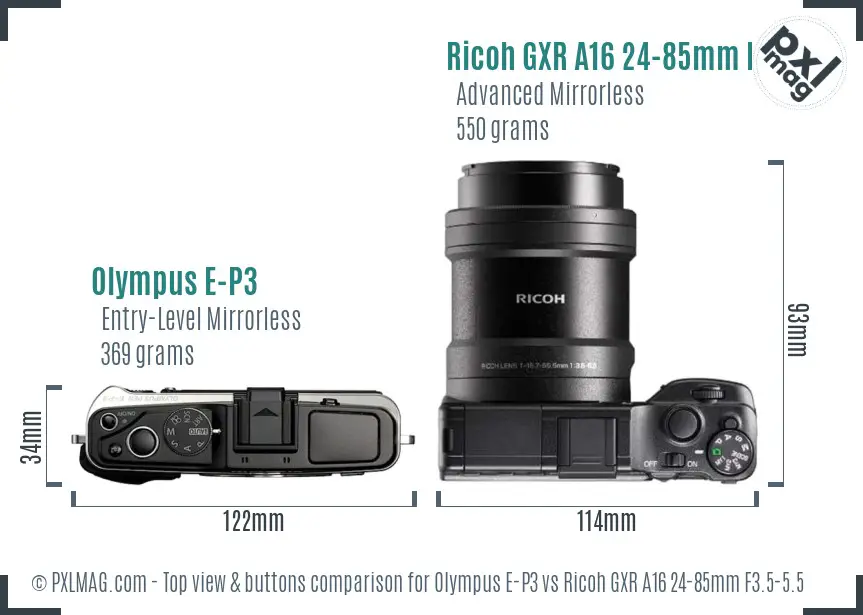 Olympus E-P3 vs Ricoh GXR A16 24-85mm F3.5-5.5 top view buttons comparison
