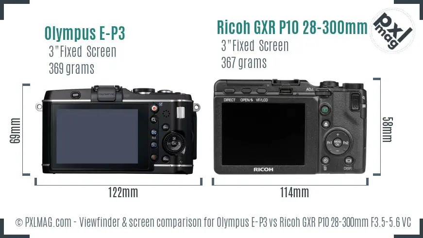 Olympus E-P3 vs Ricoh GXR P10 28-300mm F3.5-5.6 VC Screen and Viewfinder comparison
