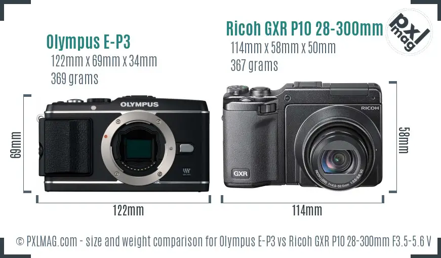 Olympus E-P3 vs Ricoh GXR P10 28-300mm F3.5-5.6 VC size comparison