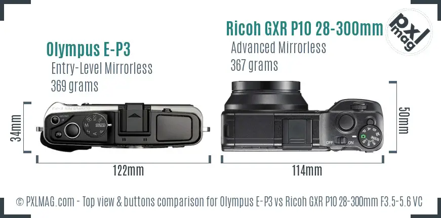 Olympus E-P3 vs Ricoh GXR P10 28-300mm F3.5-5.6 VC top view buttons comparison
