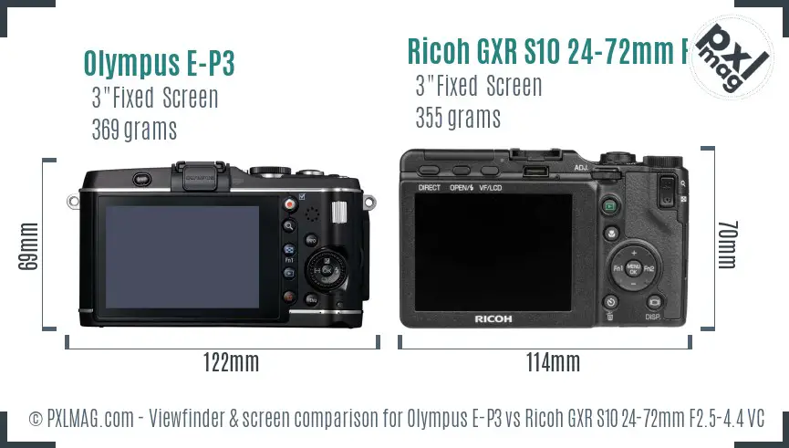 Olympus E-P3 vs Ricoh GXR S10 24-72mm F2.5-4.4 VC Screen and Viewfinder comparison