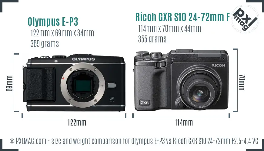 Olympus E-P3 vs Ricoh GXR S10 24-72mm F2.5-4.4 VC size comparison