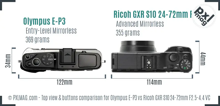 Olympus E-P3 vs Ricoh GXR S10 24-72mm F2.5-4.4 VC top view buttons comparison