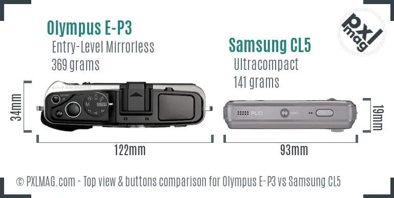 Olympus E-P3 vs Samsung CL5 top view buttons comparison