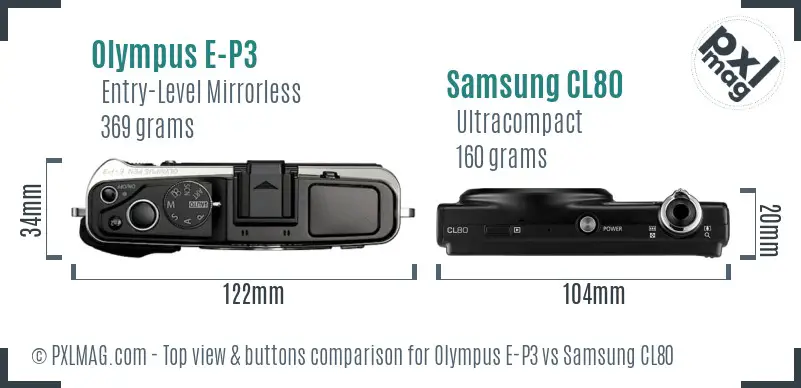 Olympus E-P3 vs Samsung CL80 top view buttons comparison