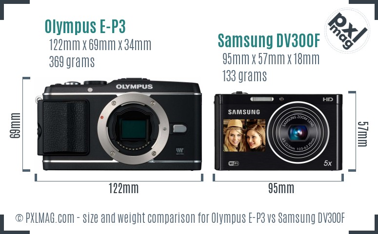 Olympus E-P3 vs Samsung DV300F size comparison