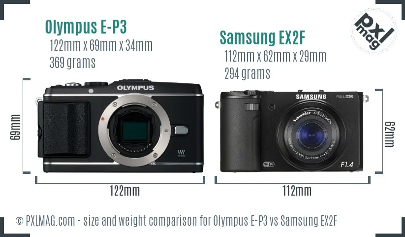 Olympus E-P3 vs Samsung EX2F size comparison