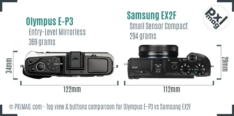 Olympus E-P3 vs Samsung EX2F top view buttons comparison