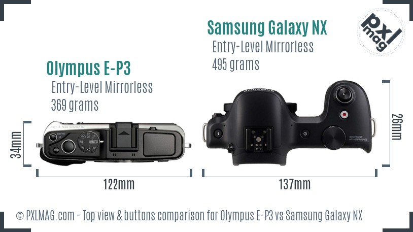 Olympus E-P3 vs Samsung Galaxy NX top view buttons comparison
