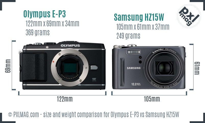 Olympus E-P3 vs Samsung HZ15W size comparison