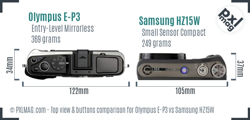 Olympus E-P3 vs Samsung HZ15W top view buttons comparison