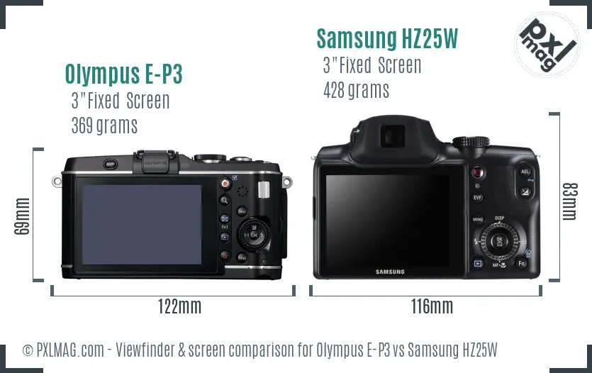 Olympus E-P3 vs Samsung HZ25W Screen and Viewfinder comparison
