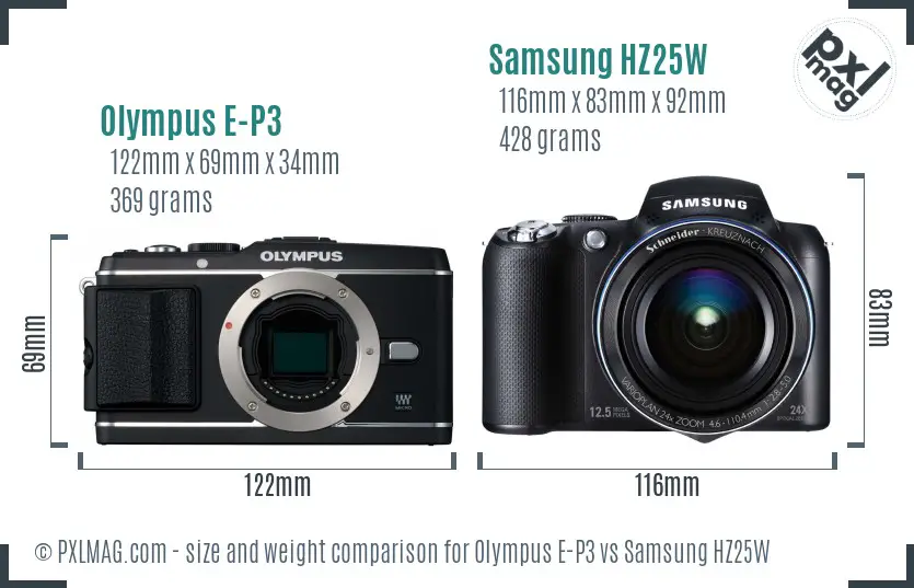 Olympus E-P3 vs Samsung HZ25W size comparison
