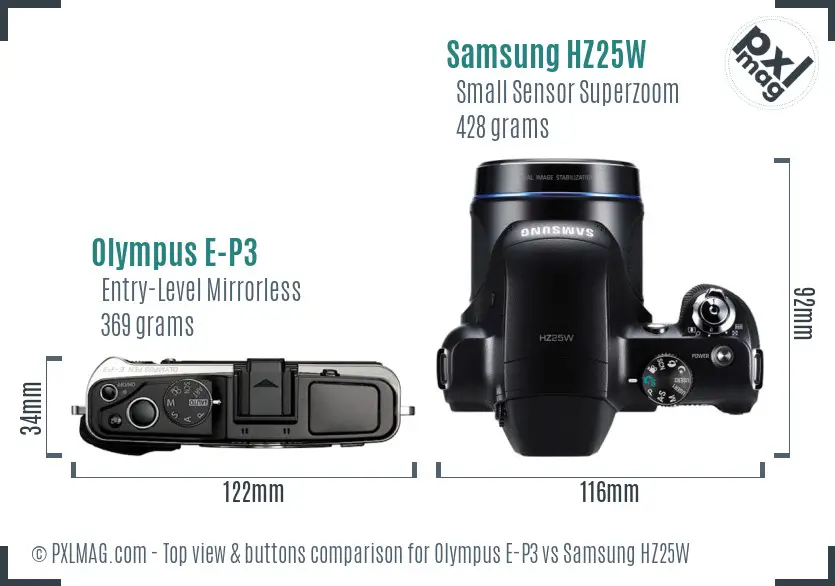 Olympus E-P3 vs Samsung HZ25W top view buttons comparison