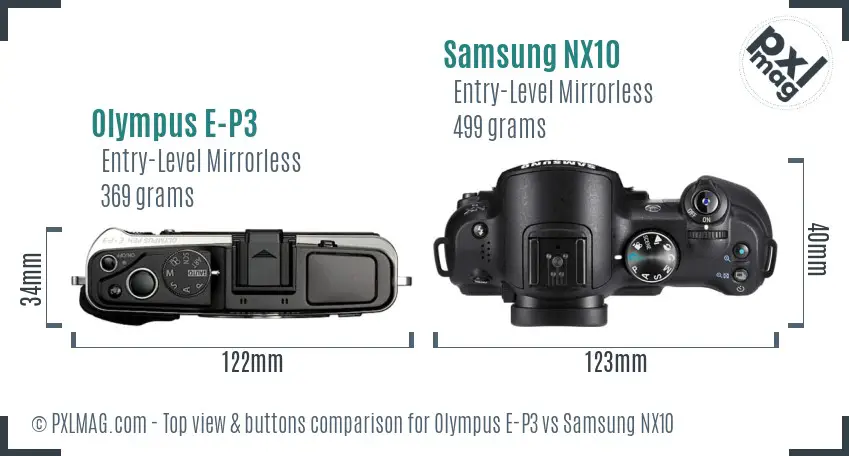Olympus E-P3 vs Samsung NX10 top view buttons comparison