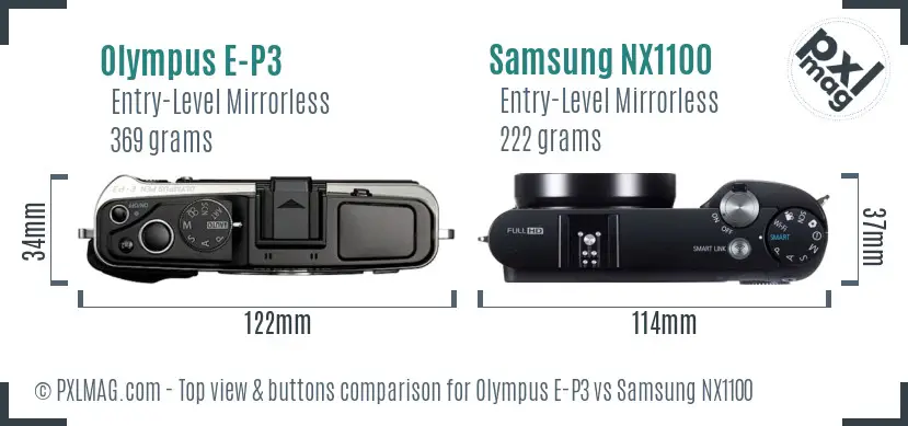 Olympus E-P3 vs Samsung NX1100 top view buttons comparison