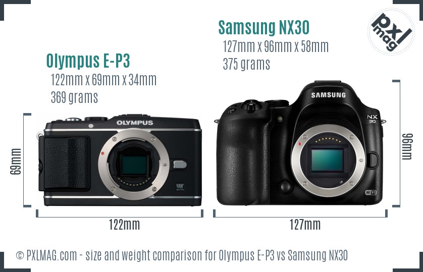 Olympus E-P3 vs Samsung NX30 size comparison Olympus E-P3 vs Samsung NX30 size comparison