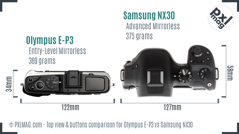 Olympus E-P3 vs Samsung NX30 top view buttons comparison