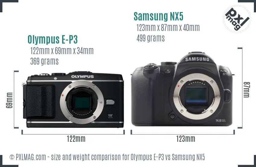 Olympus E-P3 vs Samsung NX5 size comparison