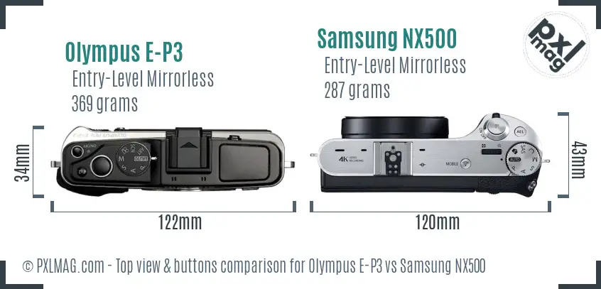 Olympus E-P3 vs Samsung NX500 top view buttons comparison