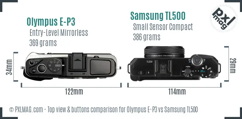 Olympus E-P3 vs Samsung TL500 top view buttons comparison