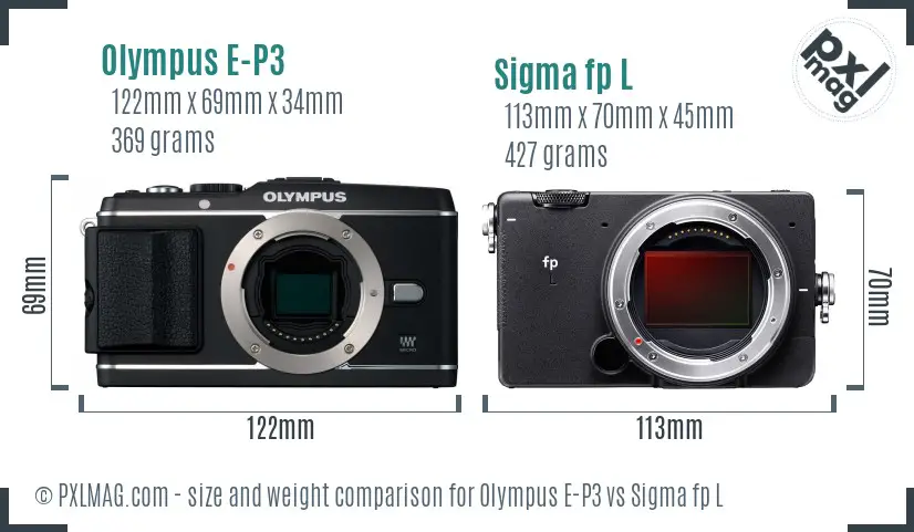 Olympus E-P3 vs Sigma fp L size comparison