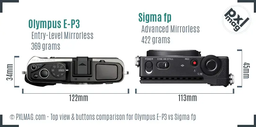 Olympus E-P3 vs Sigma fp top view buttons comparison