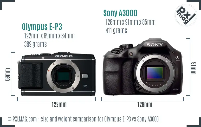 Olympus E-P3 vs Sony A3000 size comparison