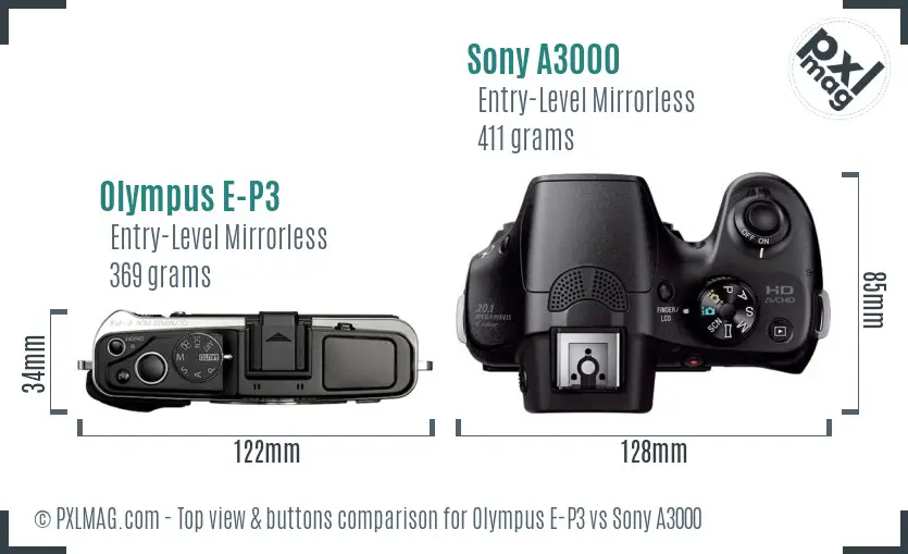 Olympus E-P3 vs Sony A3000 top view buttons comparison